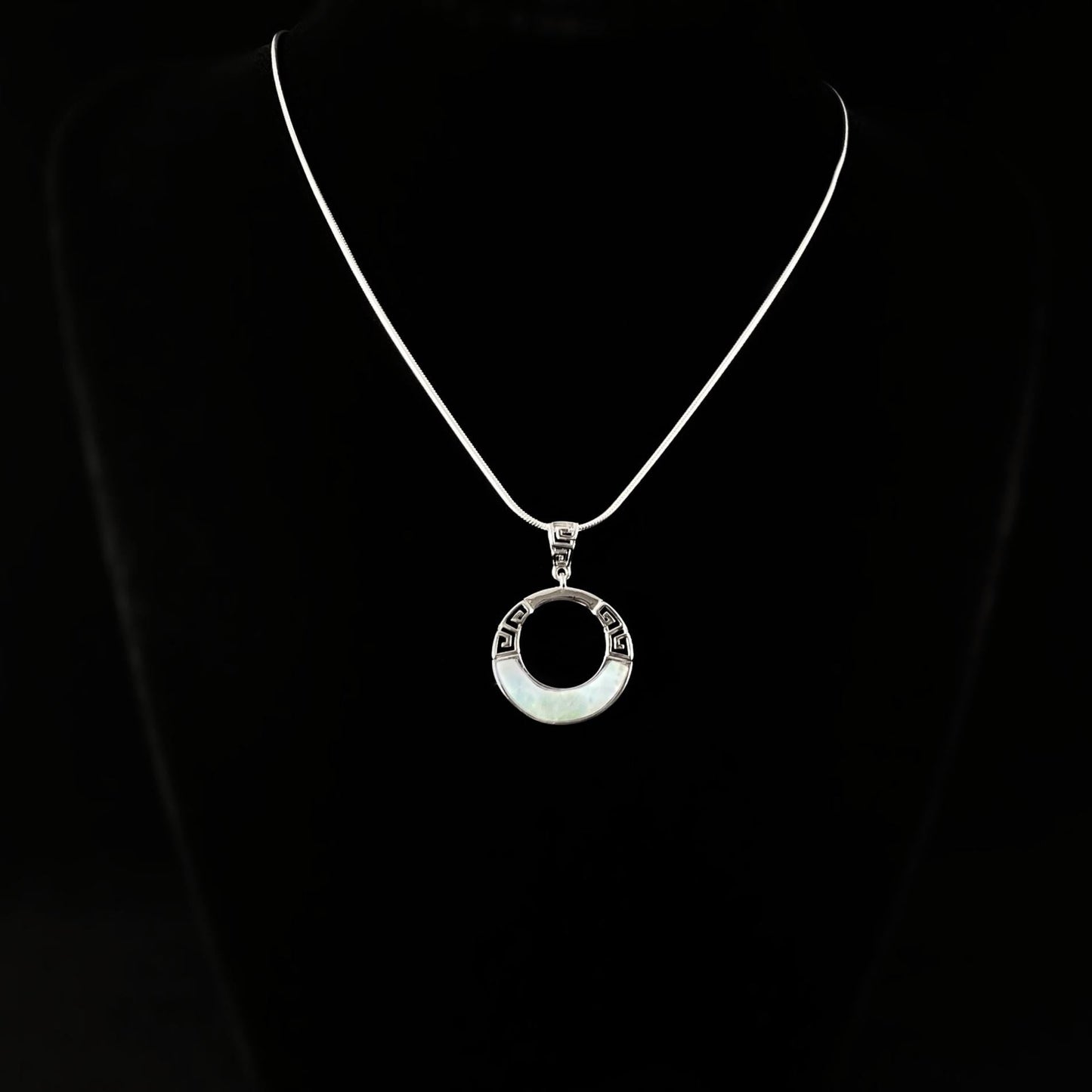 Sterling Silver Round Greek Design Necklace with Natural Larimar Stone