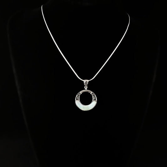 Sterling Silver Round Greek Design Necklace with Natural Larimar Stone