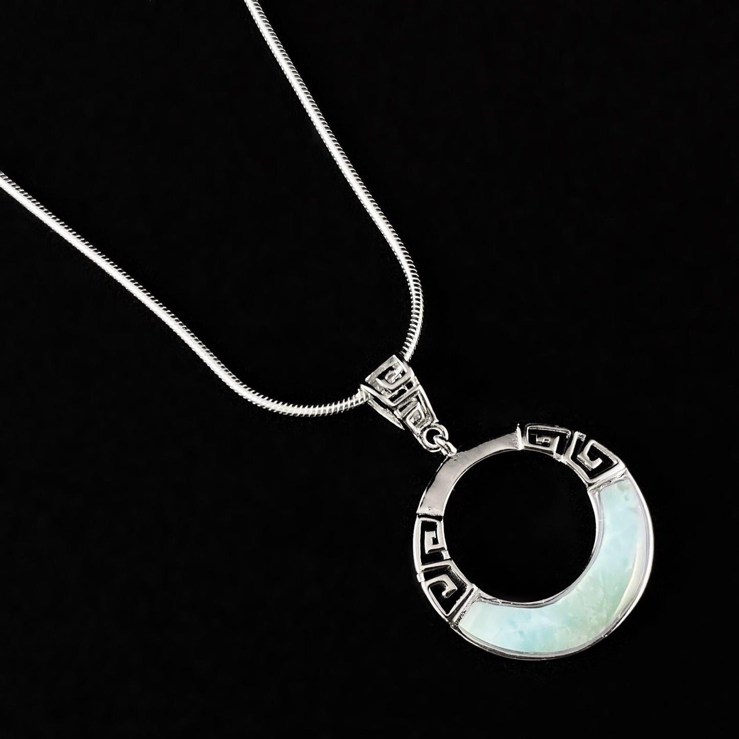 Sterling Silver Round Greek Design Necklace with Natural Larimar Stone