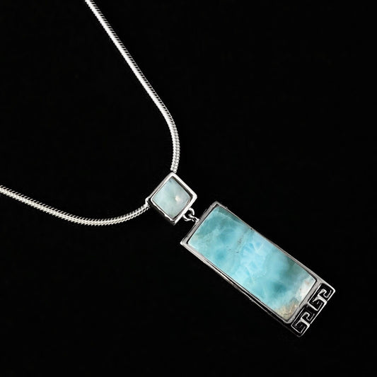 Sterling Silver Square and Rectangle Greek Design Necklace with Natural Larimar Stone