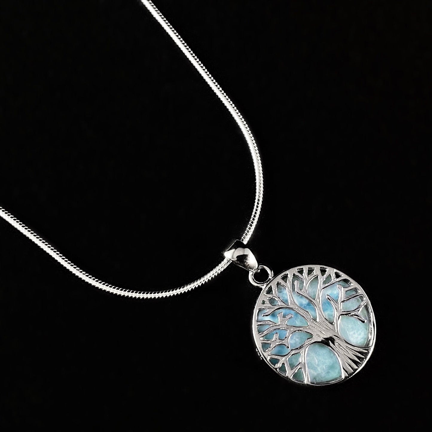 Sterling Silver Tree of Life Necklace with Natural Larimar Stone