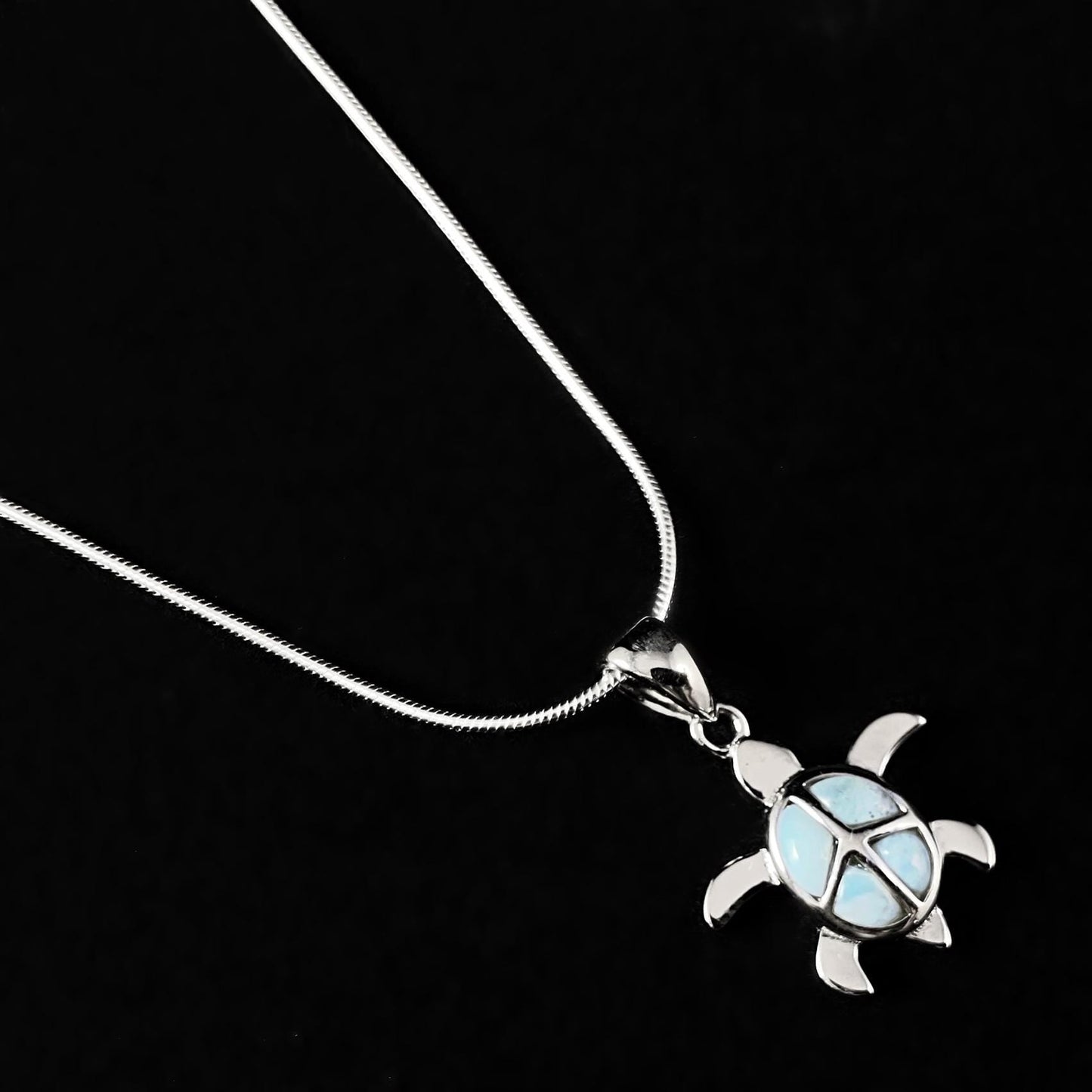 Sterling Silver Turtle Necklace with Natural Larimar Stones