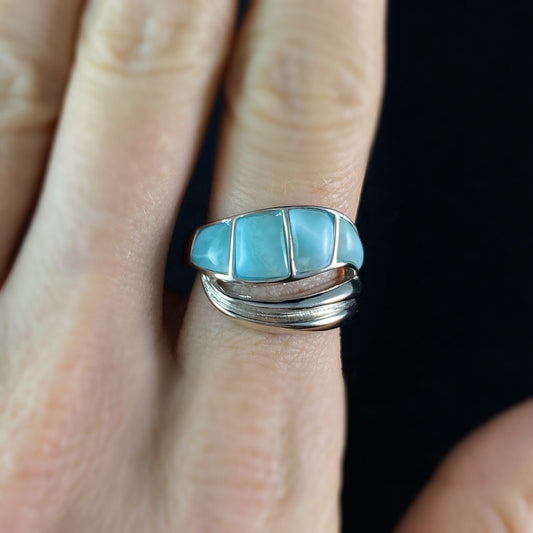 Sterling Silver Wave Ring with Natural Larimar Stones, Size 8