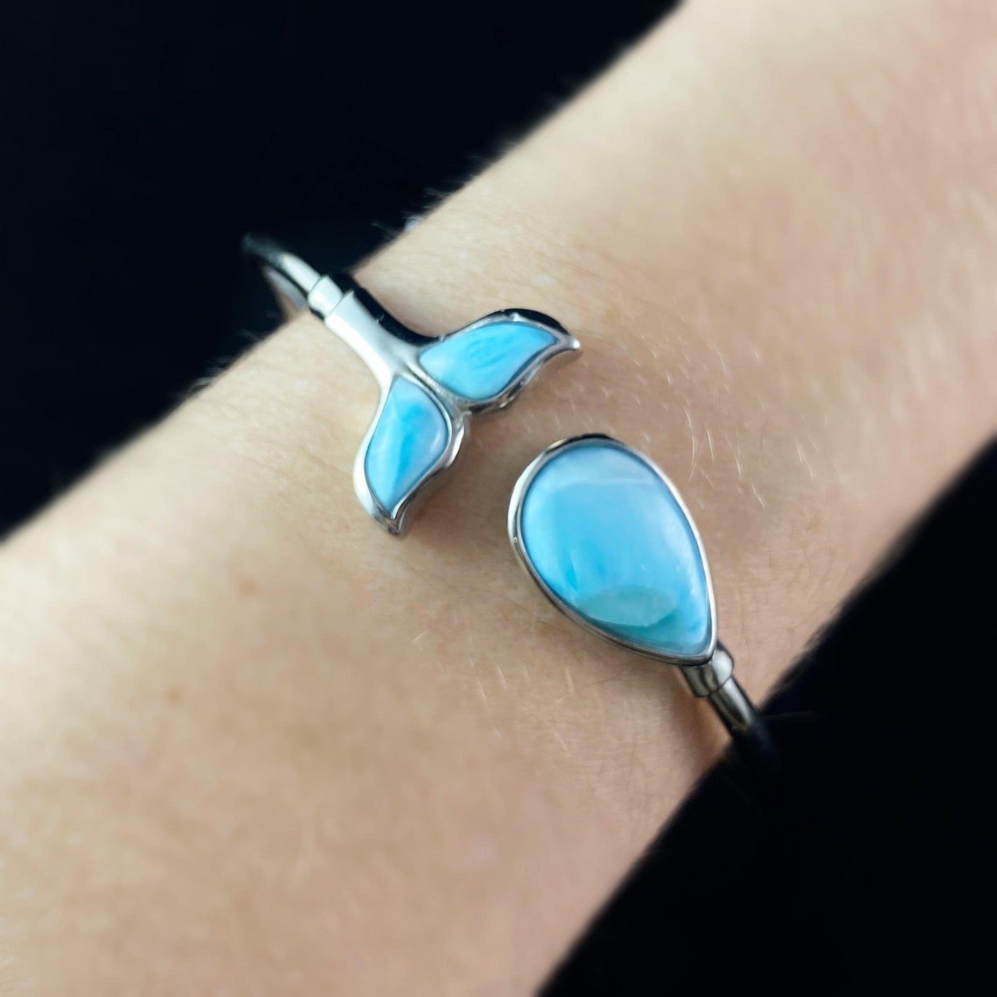 Sterling Silver Whale Tail Cuff Bracelet with Natural Larimar Stones