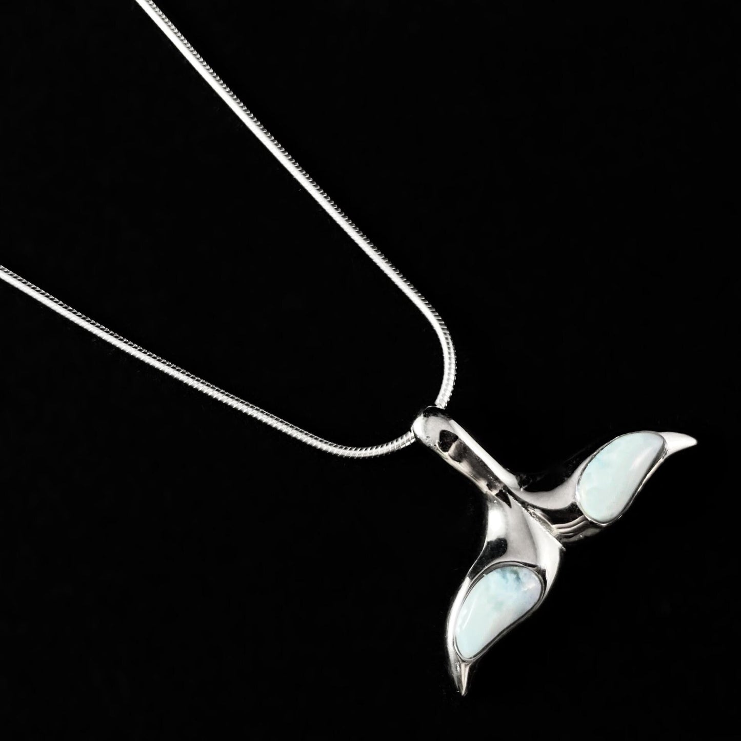 Sterling Silver Whale Tail Necklace with Natural Larimar Stones