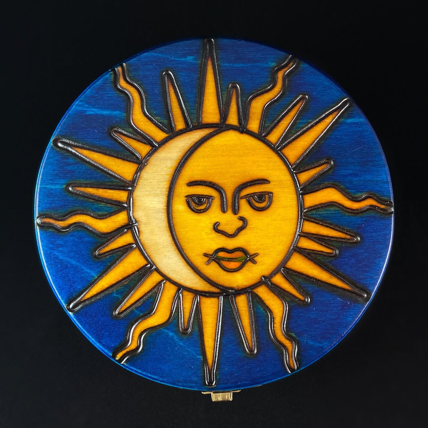 Sun and Moon Handmade Hinged Round Wooden Treasure Box