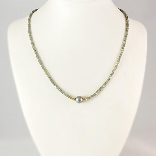 Tahitian Pearl and Green Sapphire Necklace, Handmade in USA - Avaasi