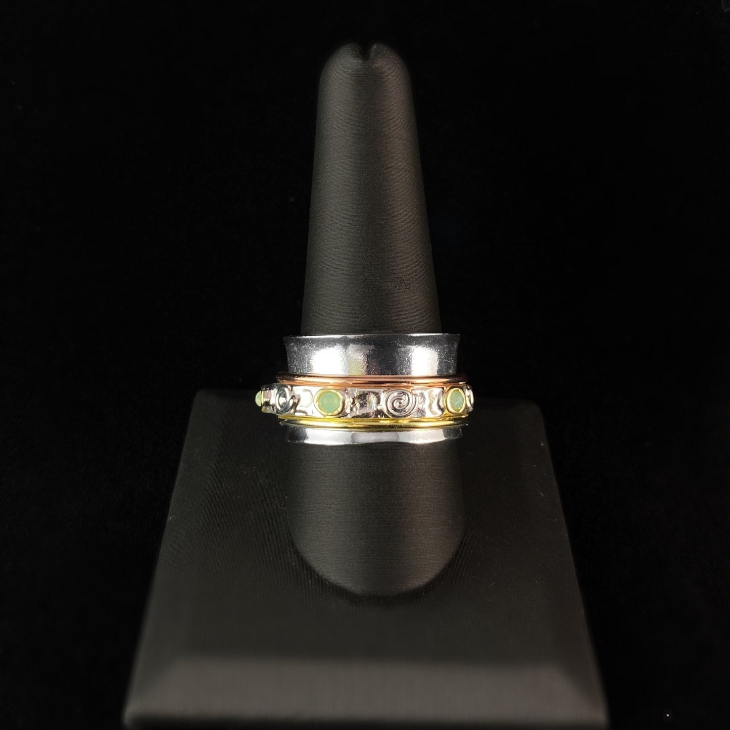 Tri-Color Fidget Ring with Amazonite Stones, 14k Gold Plated Spinners, and Hammered Sterling Silver Plated Detailing, Size 8