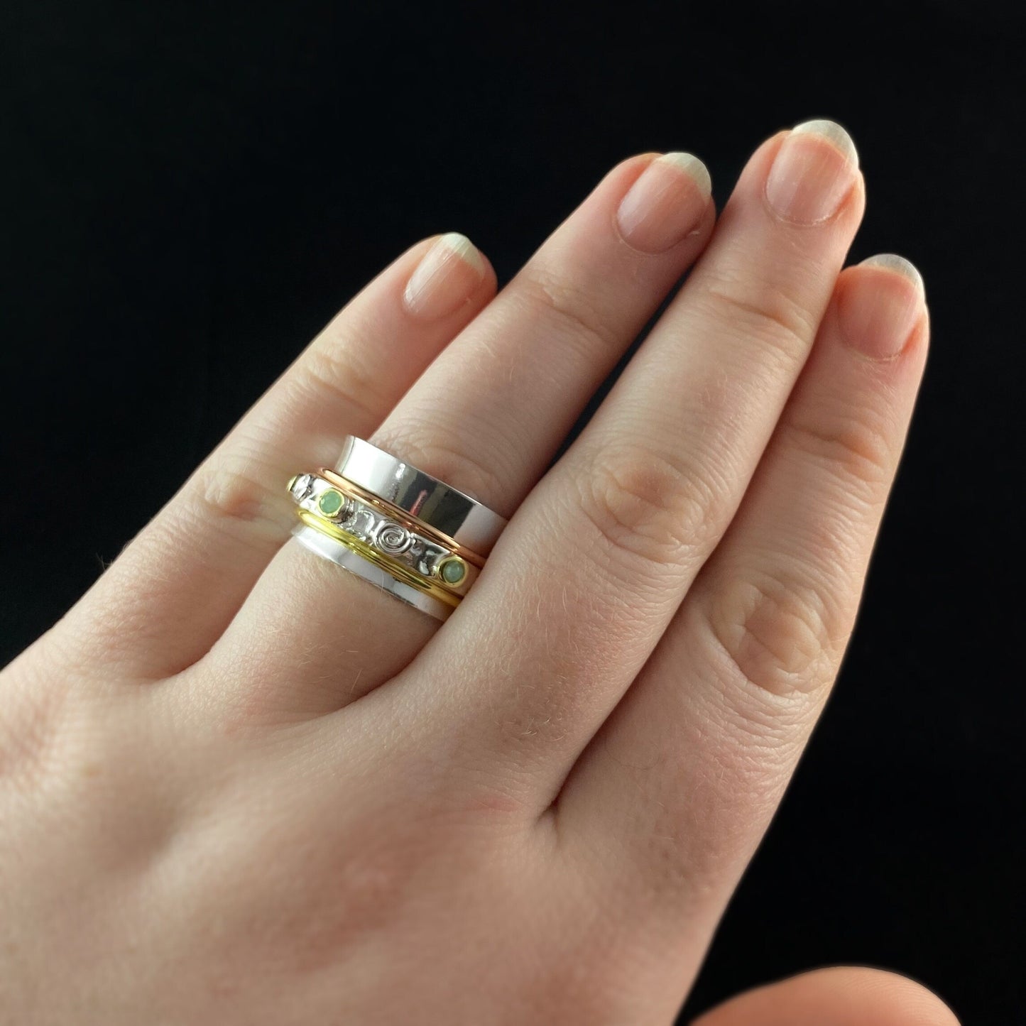 Tri-Color Fidget Ring with Amazonite Stones, 14k Gold Plated Spinners, and Hammered Sterling Silver Plated Detailing