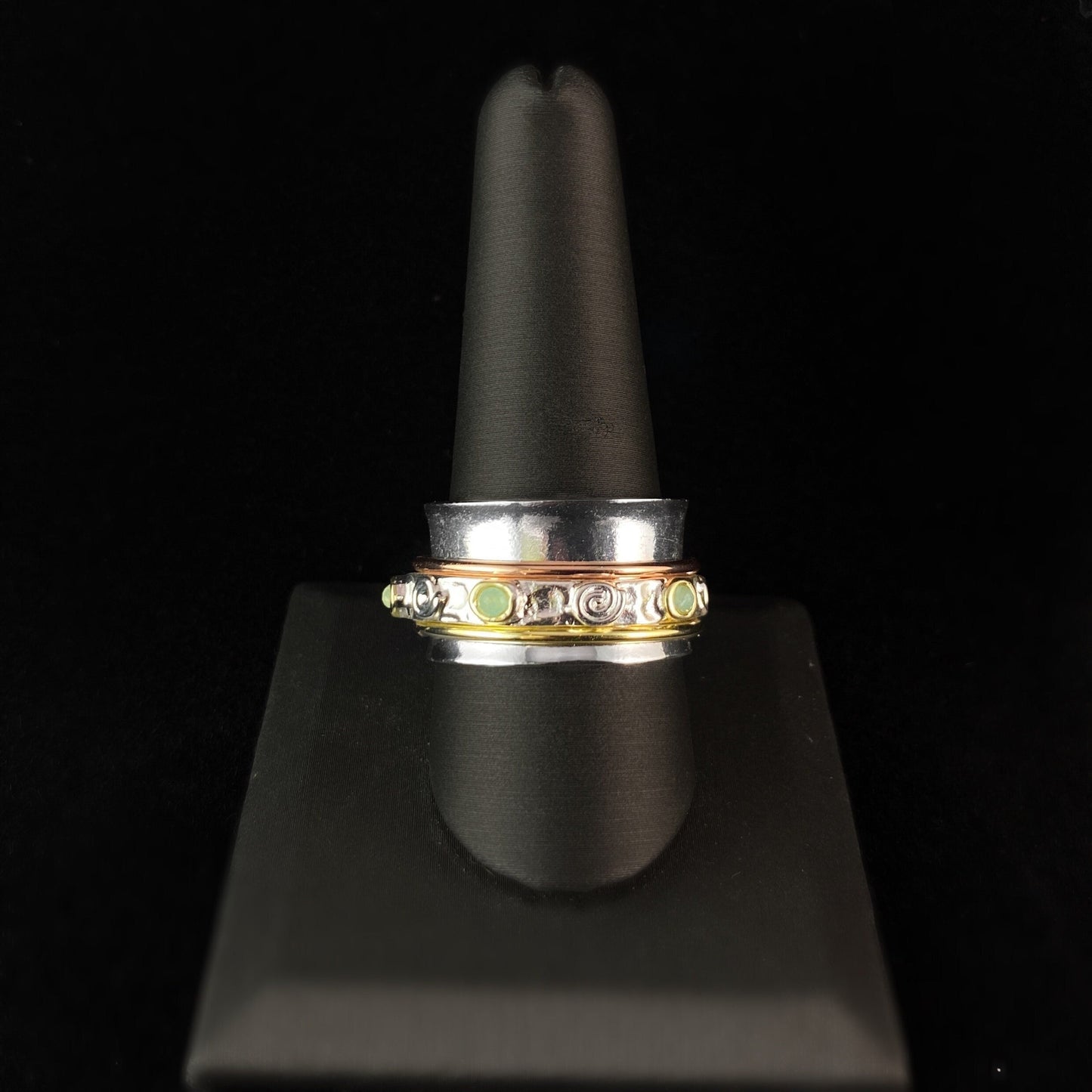 Tri-Color Fidget Ring with Amazonite Stones, 14k Gold Plated Spinners, and Hammered Sterling Silver Plated Detailing