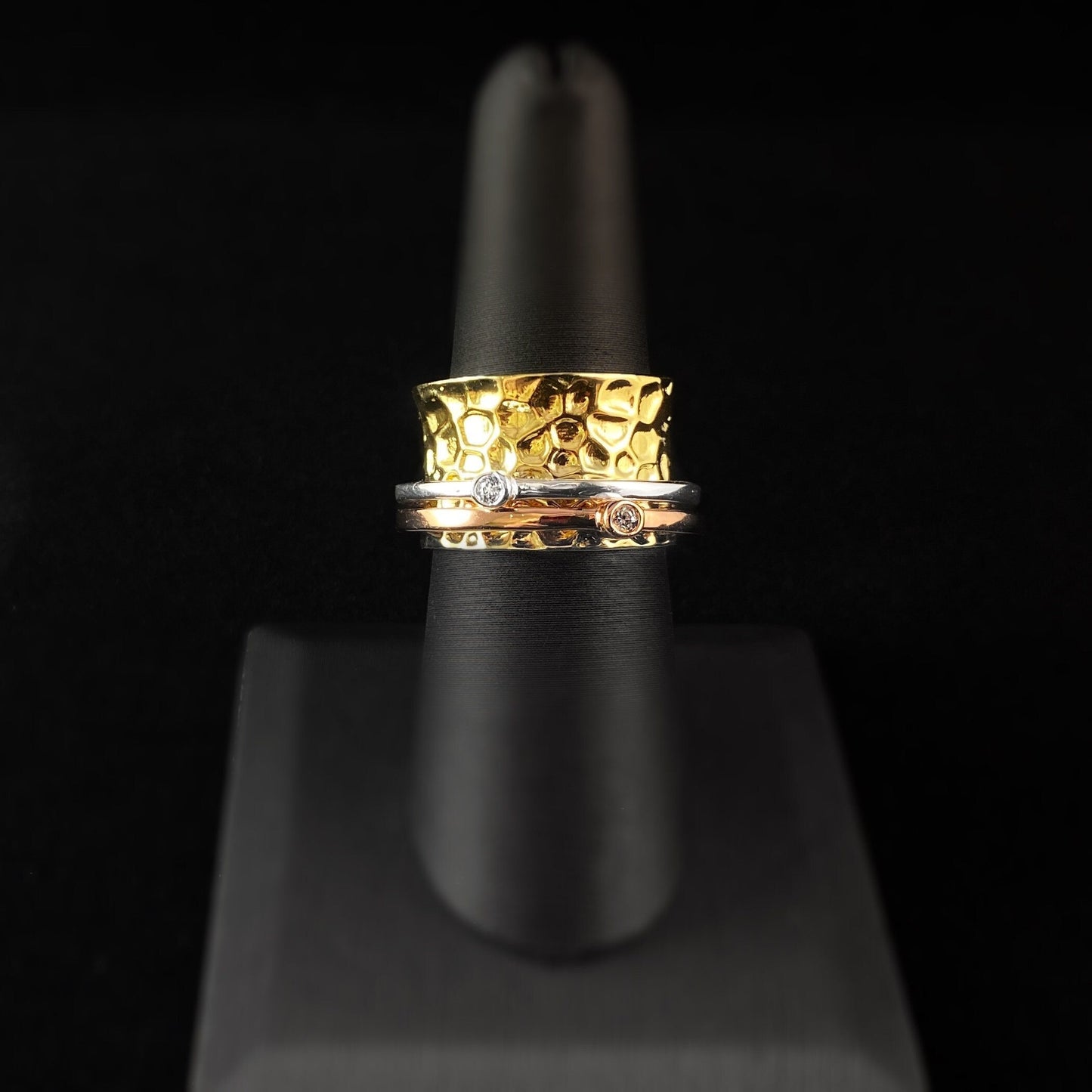Tri-Color Fidget Ring with Hammered Gold Band and Two Band Spinner with Clear Stones, Size 7