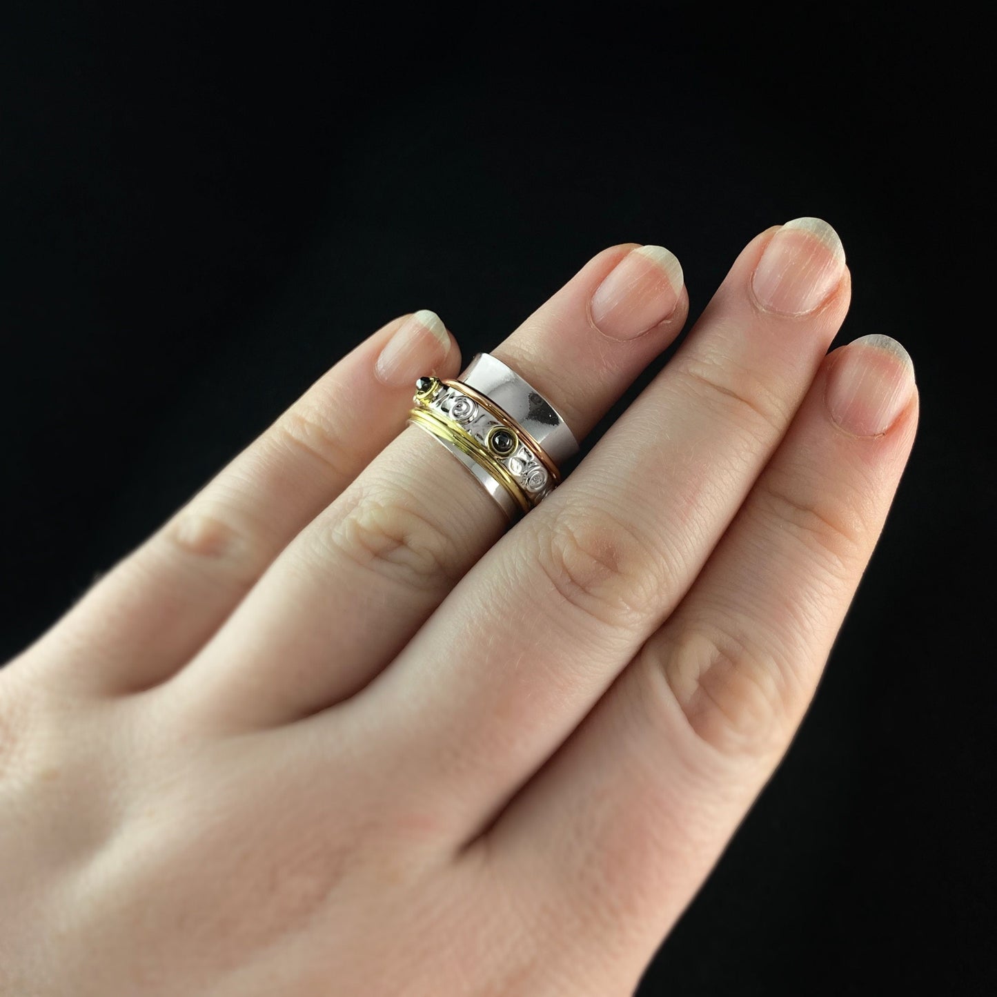 Tri-Color Fidget Ring with Hematite Stones, 14k Gold Plated Spinners, and Hammered Sterling Silver Plated Detailing, Size 7