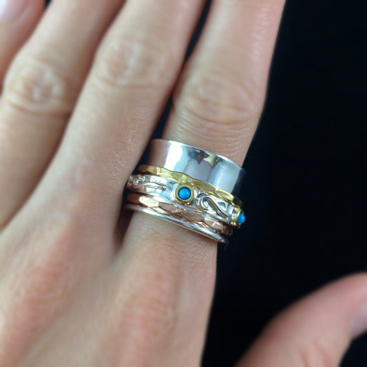 Tri-Color Fidget Ring with Turquoise Stones, 14k Gold Plated and Rose Gold Spinners, and Sterling Silver Plated Detailing, Size 8