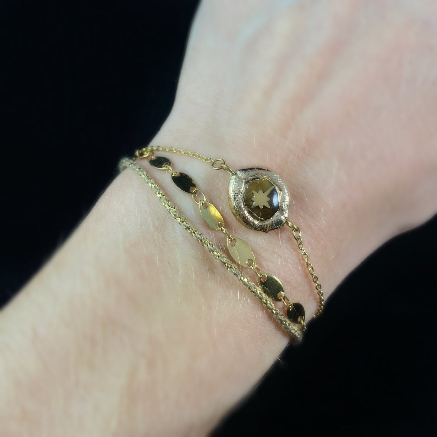 Triple Strand Brown & Orange Natural Stone Bracelet with Celestial Starbust Accent