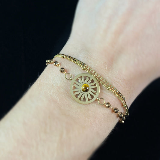 Triple Strand Brown & Orange Natural Stone Bracelet with Celestial Sun