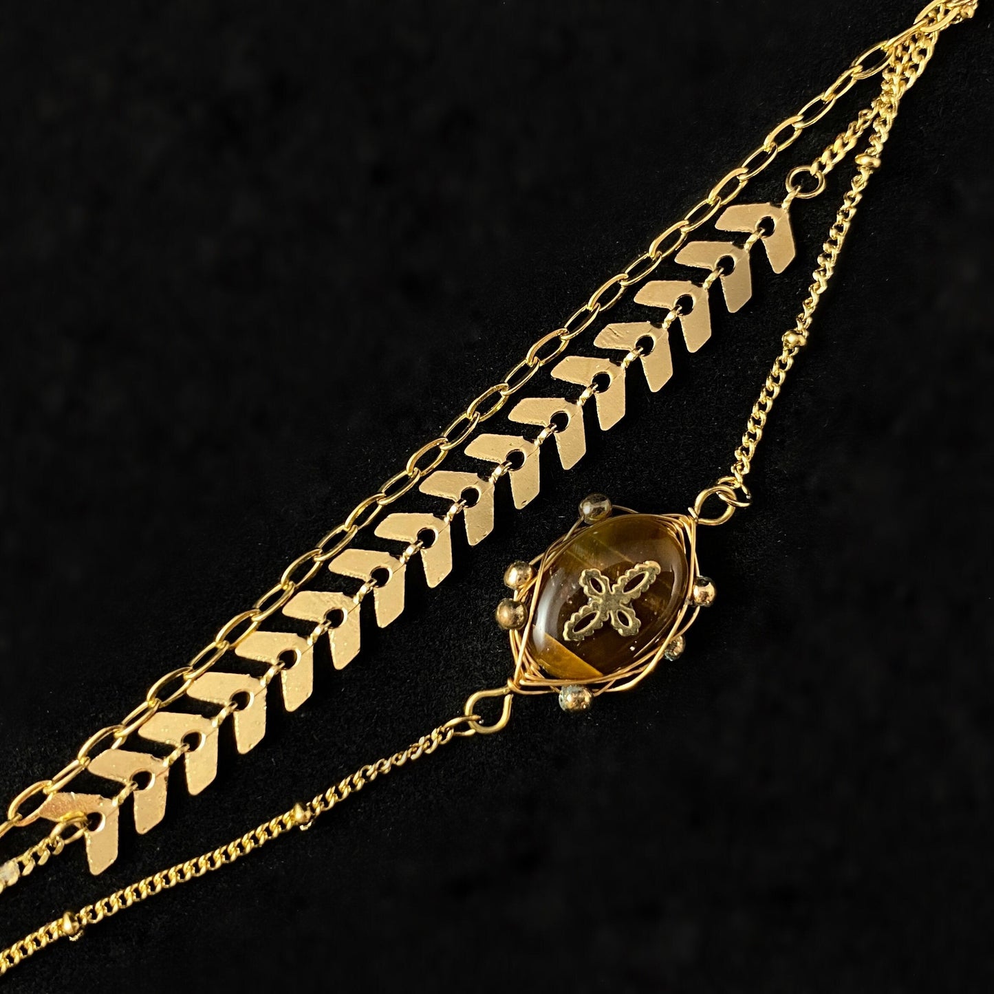 Triple Strand Brown & Orange Natural Stone Bracelet with Chevron Chain and Wire Wrap Setting