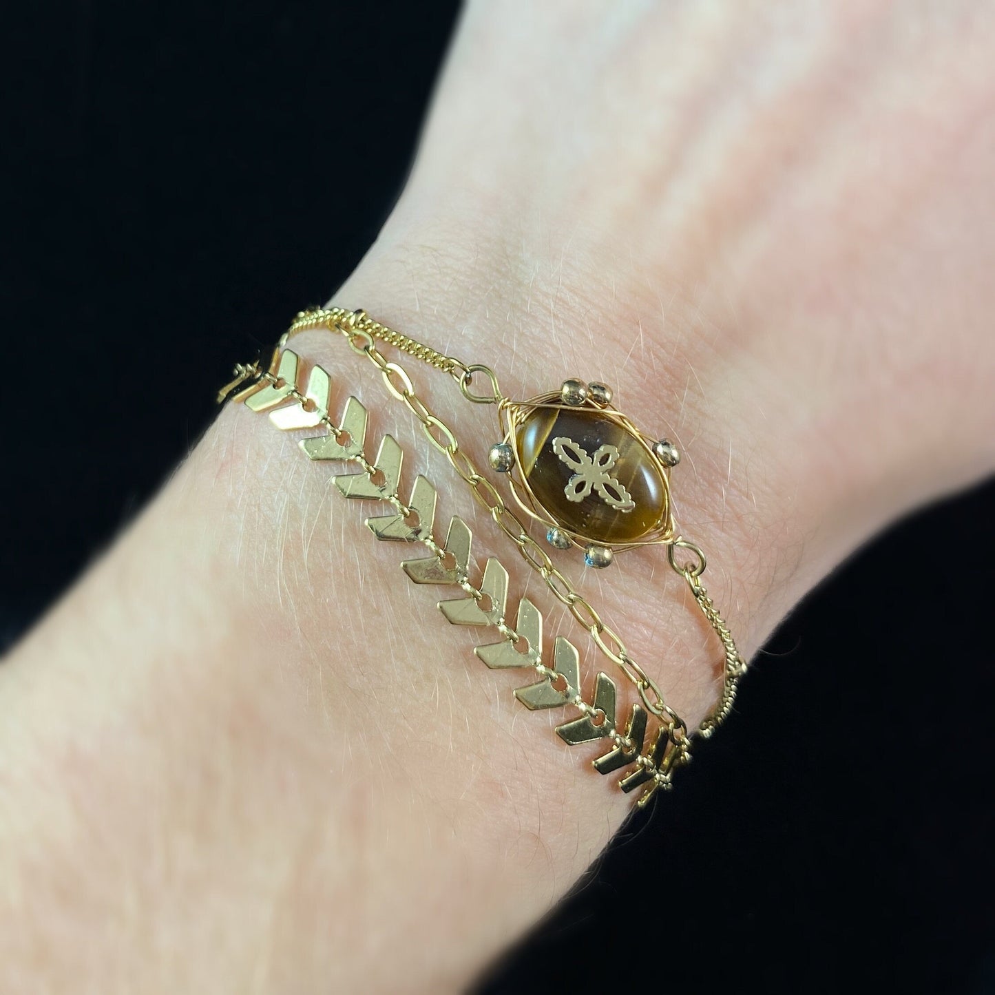 Triple Strand Brown & Orange Natural Stone Bracelet with Chevron Chain and Wire Wrap Setting