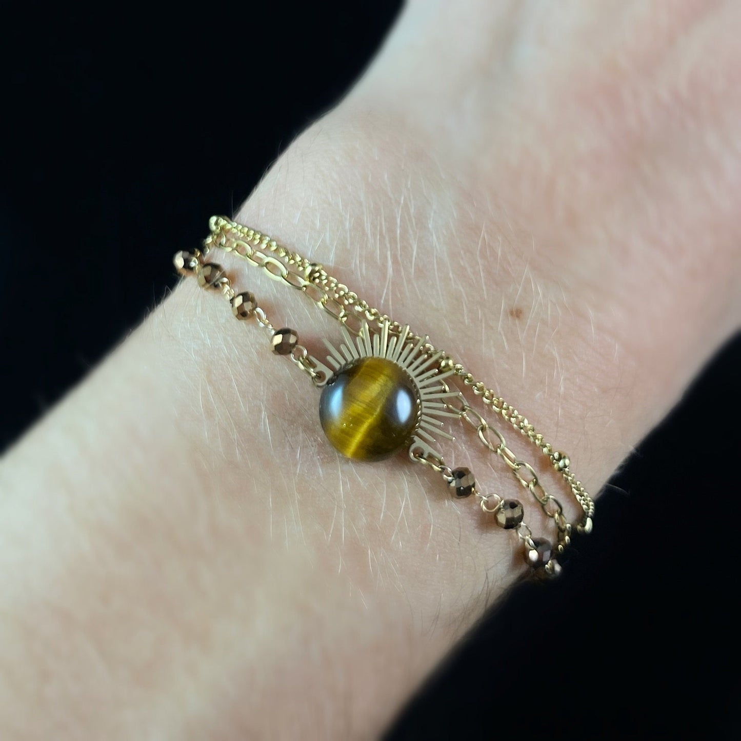 Triple Strand Brown & Orange Natural Stone Bracelet with Gold Art Deco Sunburst Accent