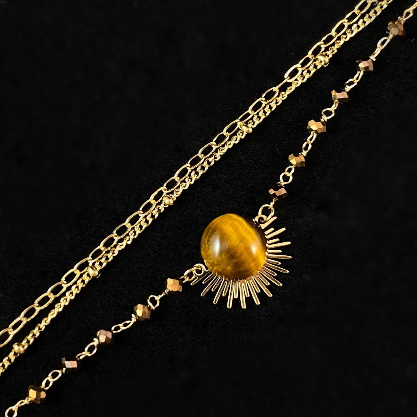 Triple Strand Brown & Orange Natural Stone Bracelet with Gold Art Deco Sunburst Accent