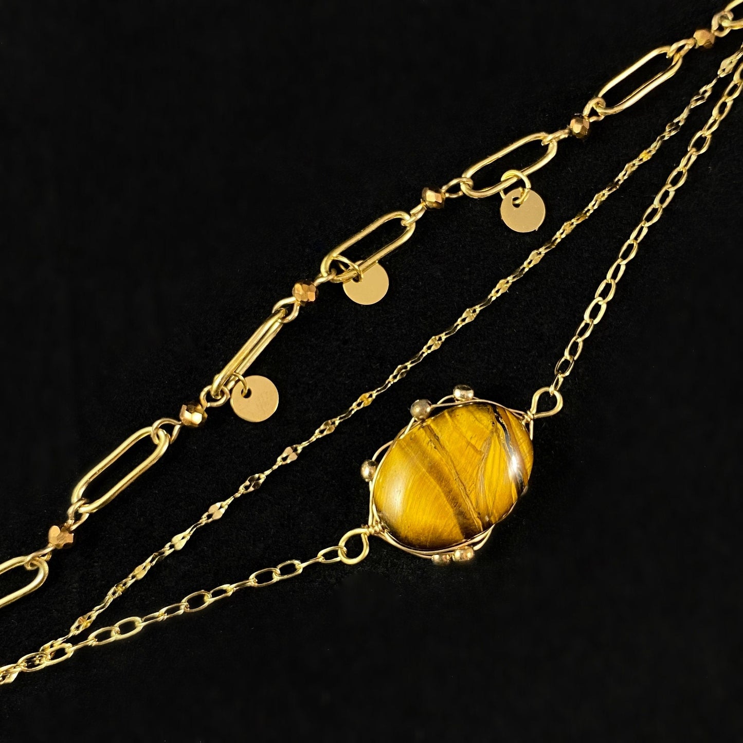 Triple Strand Brown & Orange Oval Shaped Natural Stone Bracelet with Wire Wrapped Setting