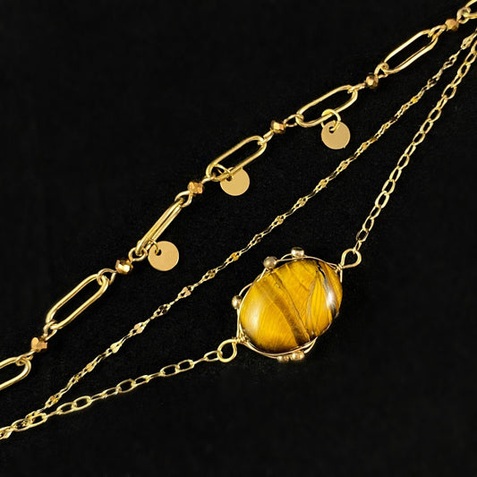 Triple Strand Brown & Orange Oval Shaped Natural Stone Bracelet with Wire Wrapped Setting