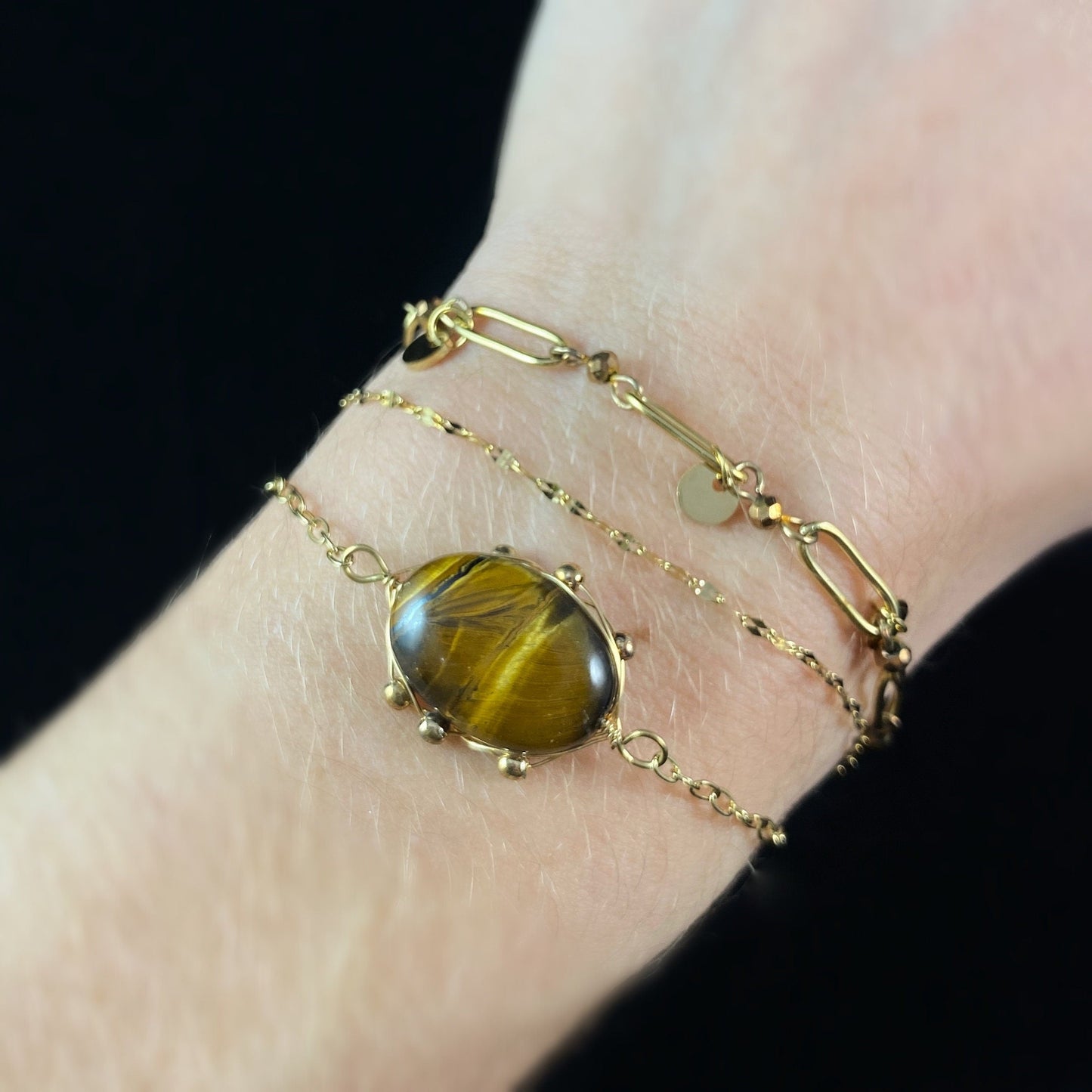 Triple Strand Brown & Orange Oval Shaped Natural Stone Bracelet with Wire Wrapped Setting