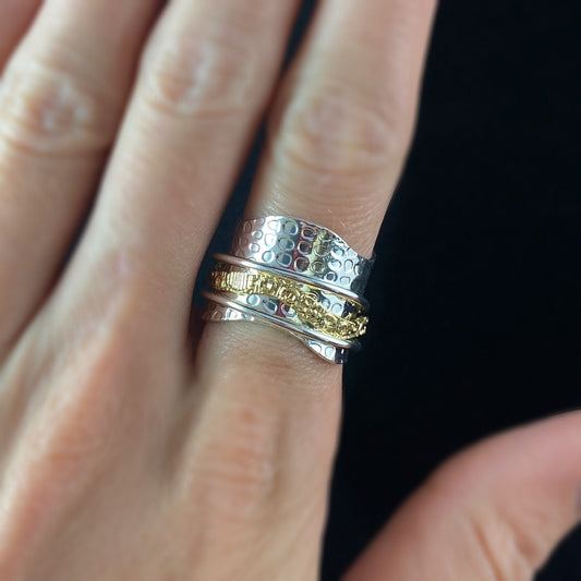 Two-Tone Fidget Ring with 14kt Gold Wave Spinner and Scalloped Edge Sterling Silver Plated Band, Size 8