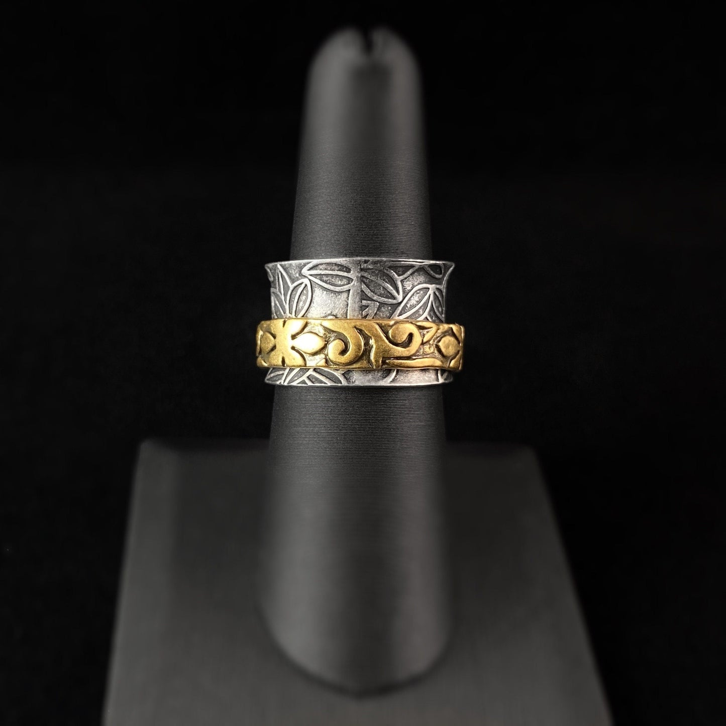 Two-Tone Fidget Ring with Floral Detailed Spinner and Hammered Sterling Silver Plated Band
