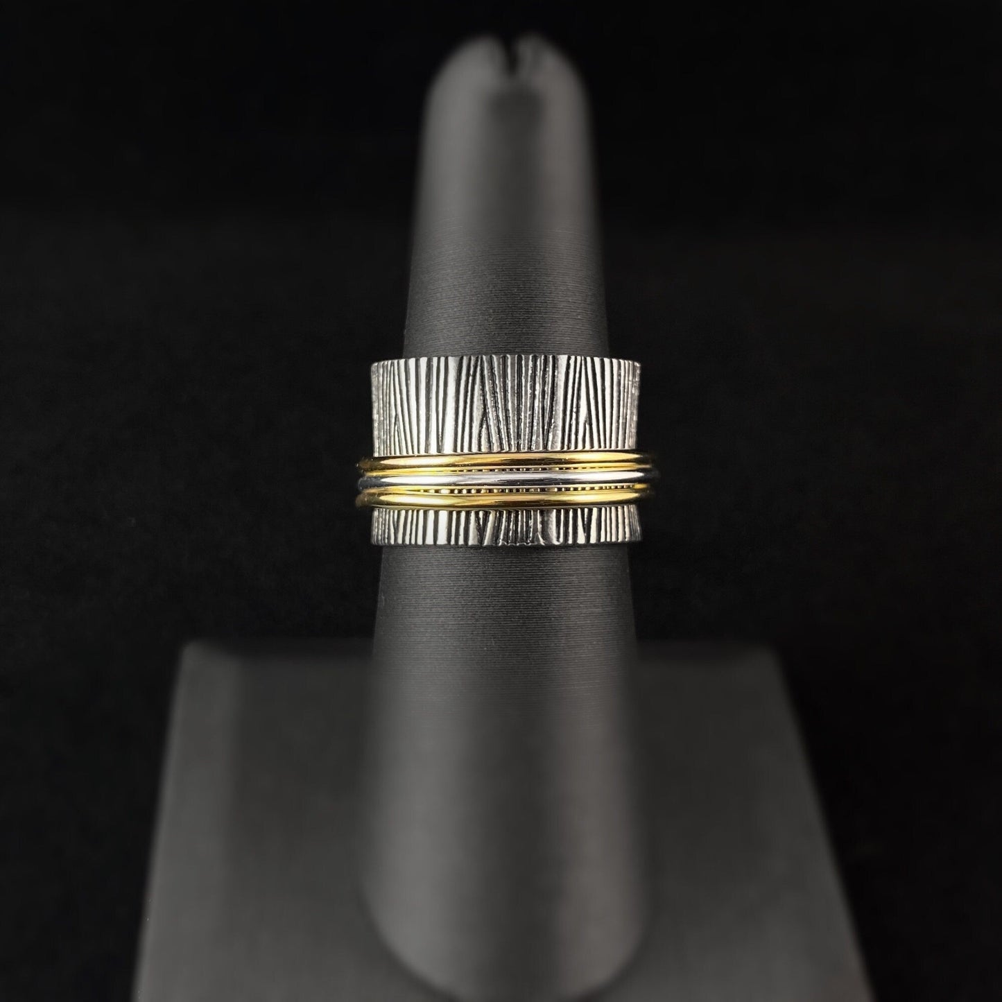 Two-Tone Fidget Ring with Textured Sterling Silver Plated Band and Triple Band Spinner, Size 7
