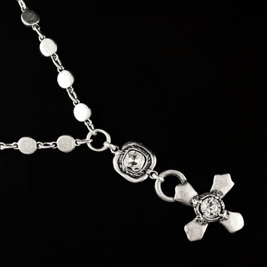 Very Long Silver Necklace with Clear Crystal and Cross Pendant Handmade, Nickel Free - Noir