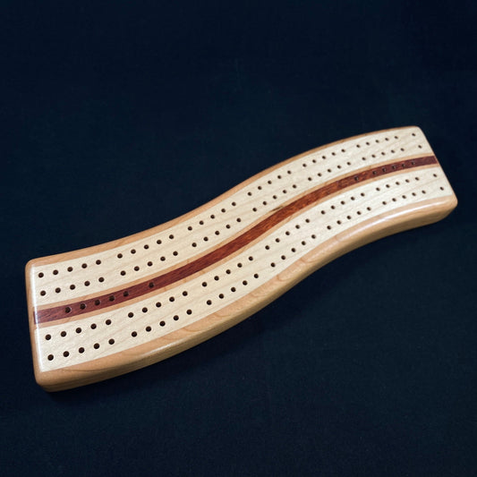 Wavy Handmade Wooden Cribbage Board with Pegs - Cherry