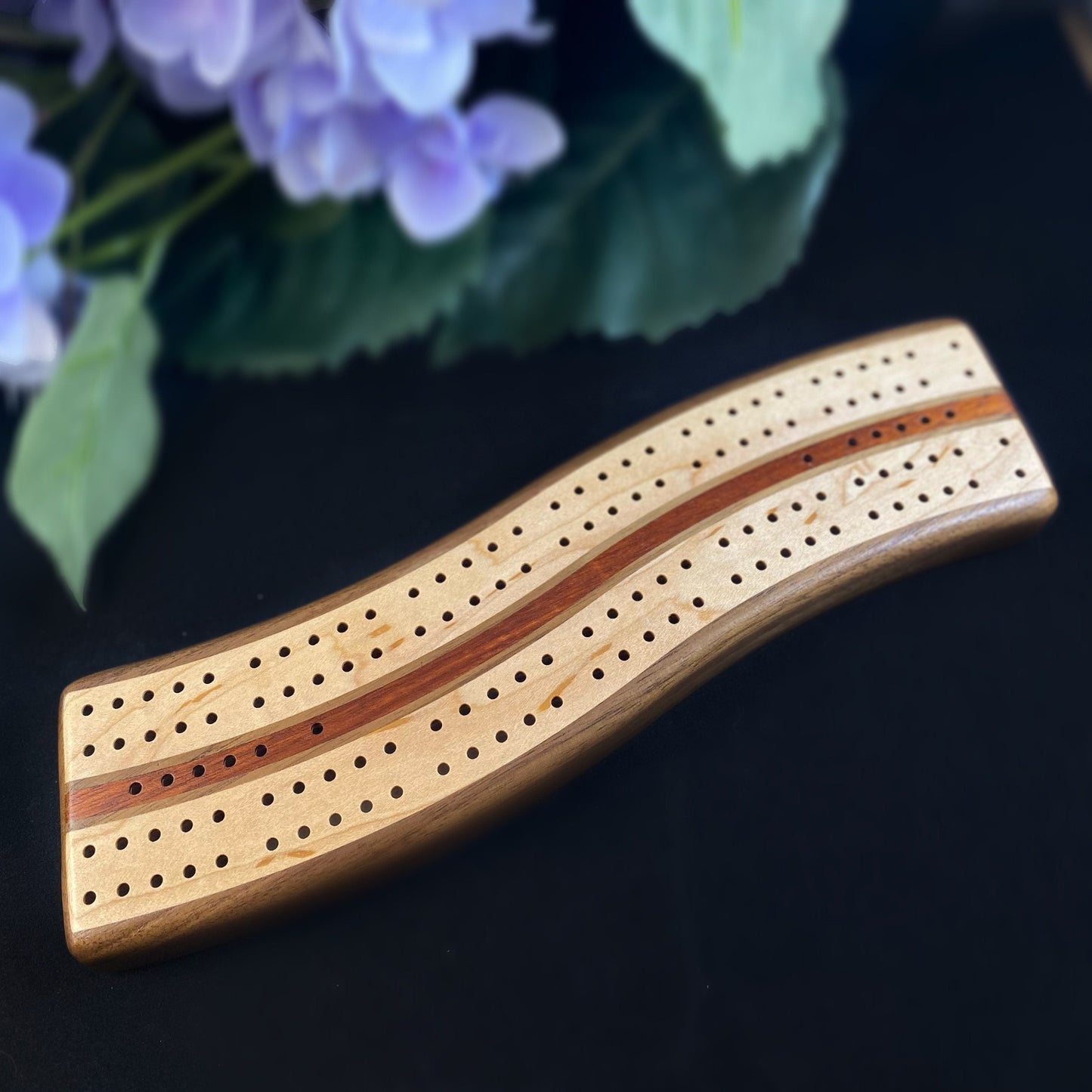 Wavy Handmade Wooden Cribbage Board with Pegs - Walnut