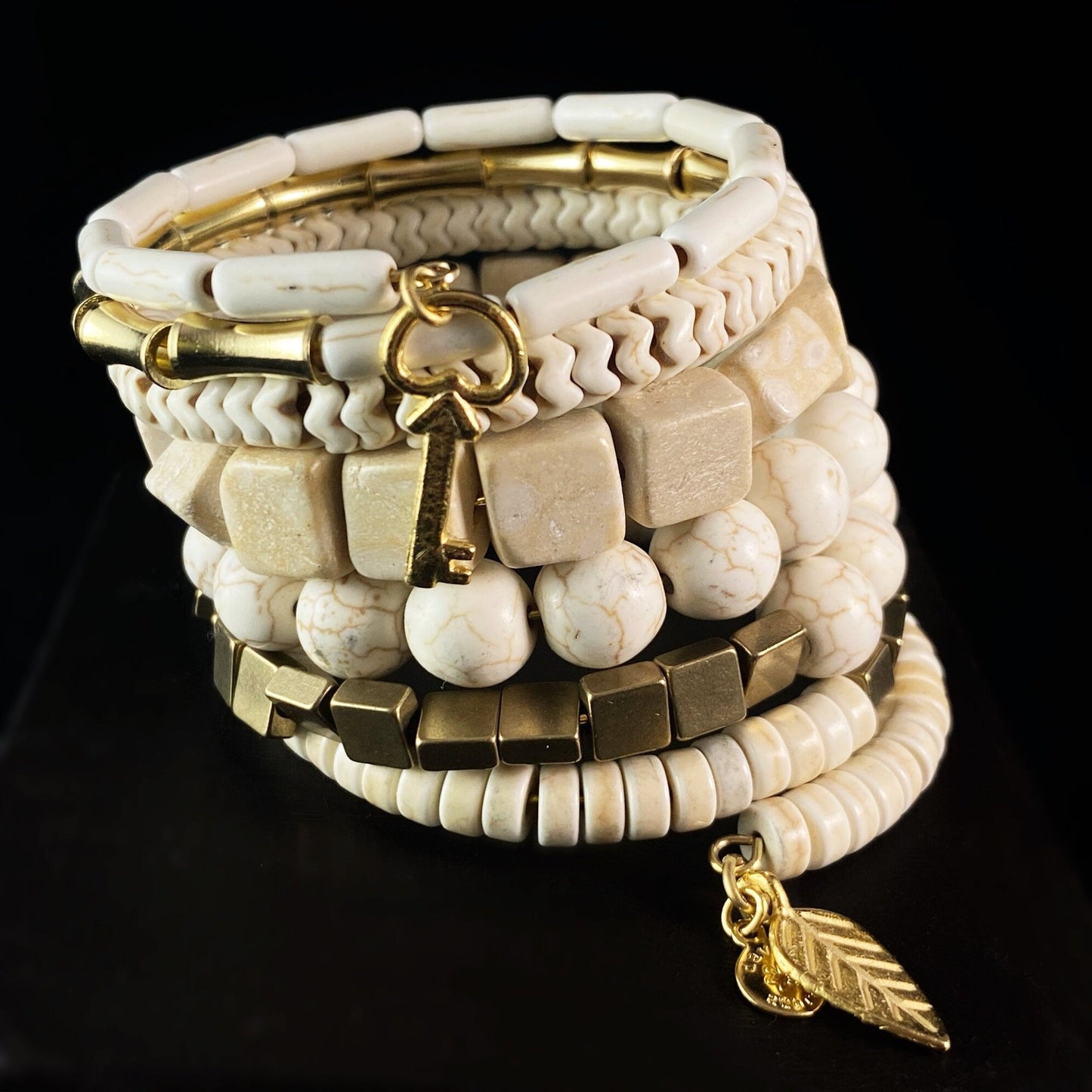 White and Gold Art Deco Style Wrap Bracelet - White Hematite and Brass - David Aubrey Jewelry
