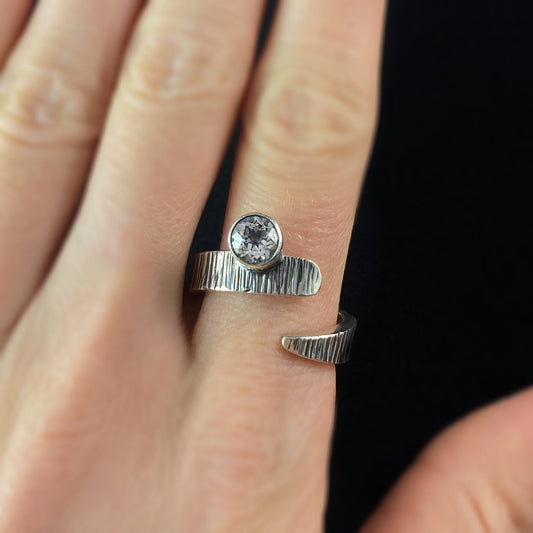 White Topaz Handmade Sterling Silver Textured Spiral Ring -Designs by Monica, Size 8.5