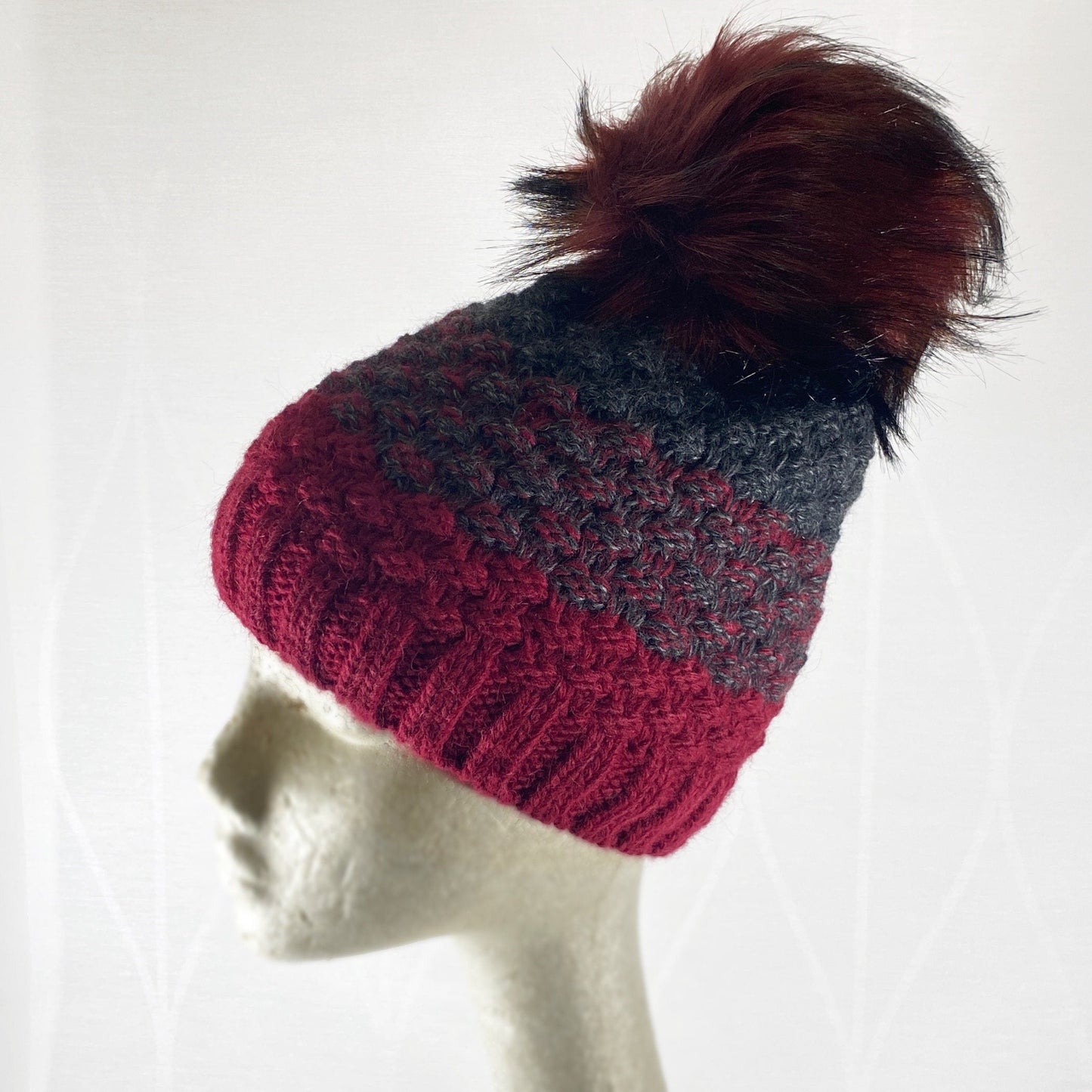 Wine Red Winter Beanie With Pompom - Made From Italian Wool, Acrylic Yarn, and Faux Fur