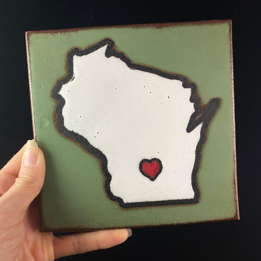 Wisconsin Outline Handmade Glazed Tile, Made in USA - Wall Decor, Table Decor, Trivet
