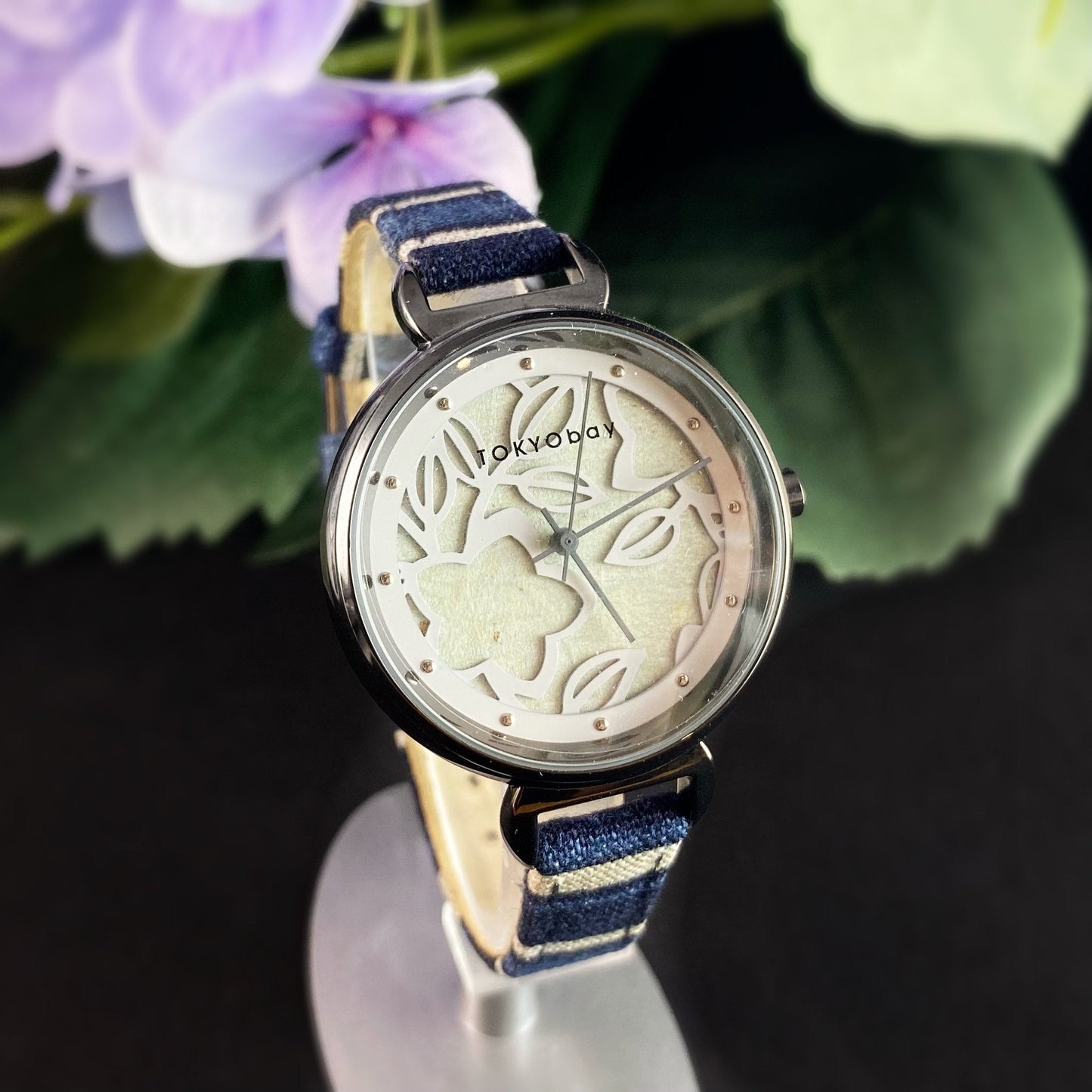 Women’s Watch, Blue Striped Canvas Band, Floral Cutout Face - TOKYObay