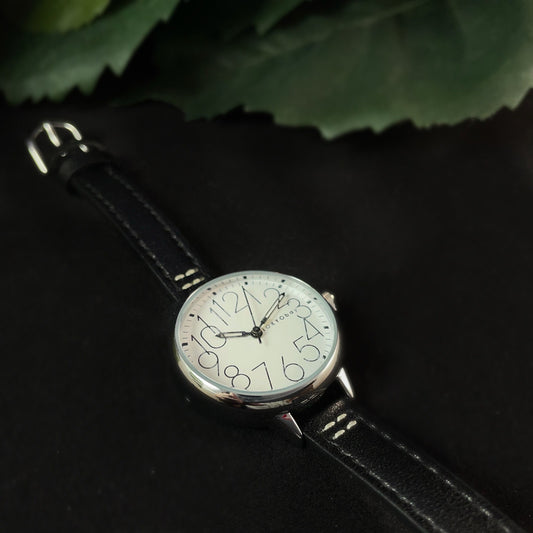 Women’s Watch, Skinny Black Leather Band, Silver Case - TOKYObay