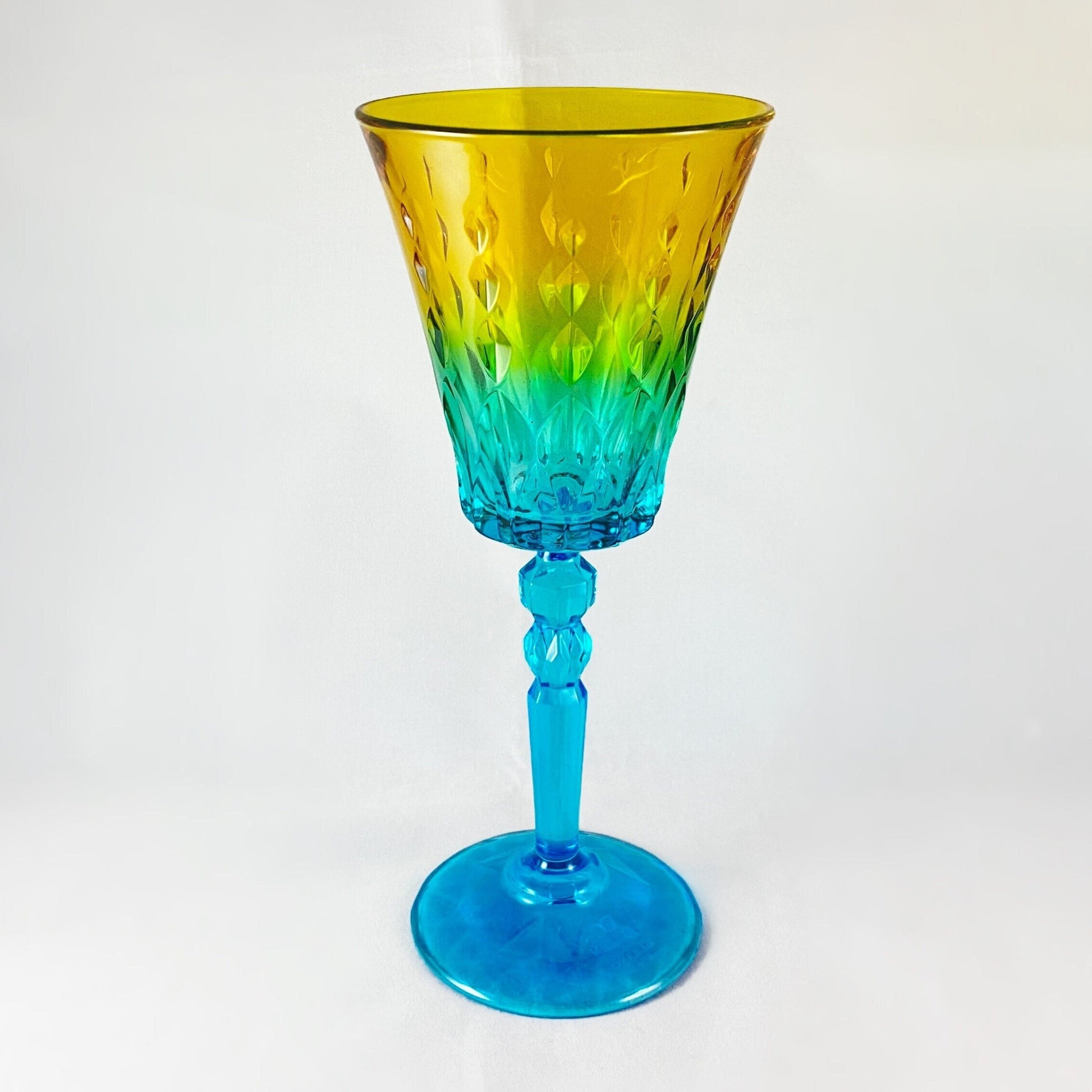 Yellow/Green/Blue Ombre Gradient and Diamond Pattern Venetian Glass Wine Glass - Handmade in Italy, Colorful Murano Glass