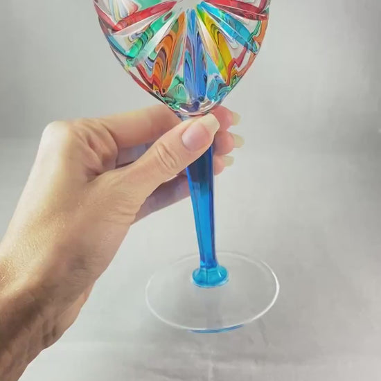 Aqua Stem Venetian Glass Oasis Wine Glass - Handmade in Italy, Colorful Murano Glass
