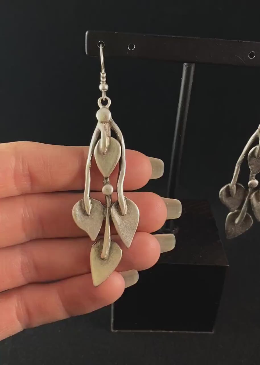 Silver Abstract Leaf Drop Earrings, Handmade, Nickel Free - Elegant Minimalist Jewelry for Women