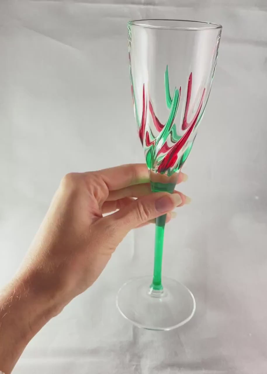 Green Stem Trix Holiday Venetian Glass Champagne Flute  - Handmade in Italy, Colorful Murano Glass