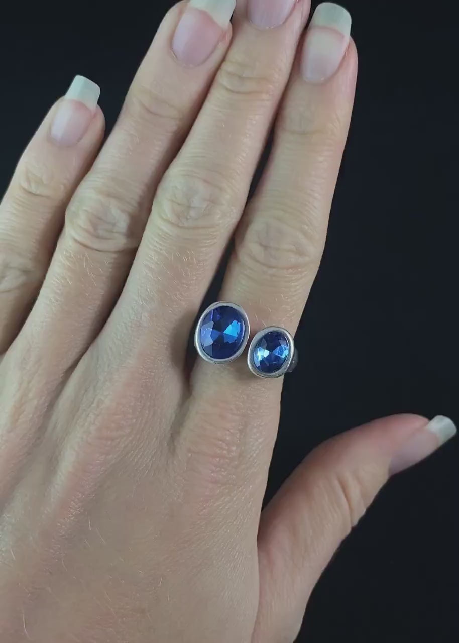 Chunky Silver Ring with Blue Crystals, Handmade, Nickel Free