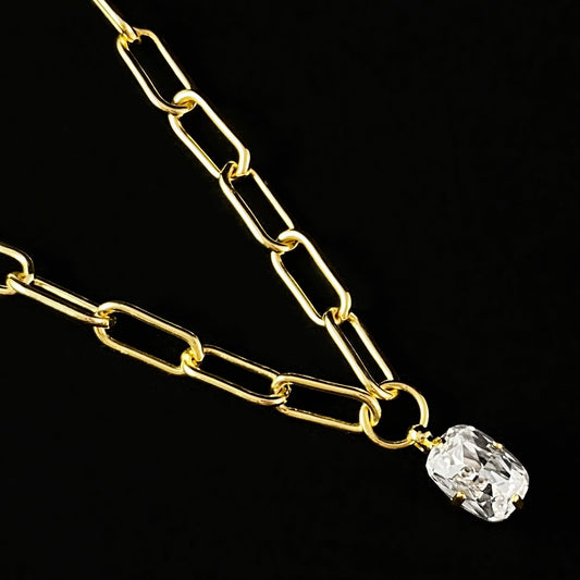 10kt Gold Chunky Paperclip Chain Necklace with Clear