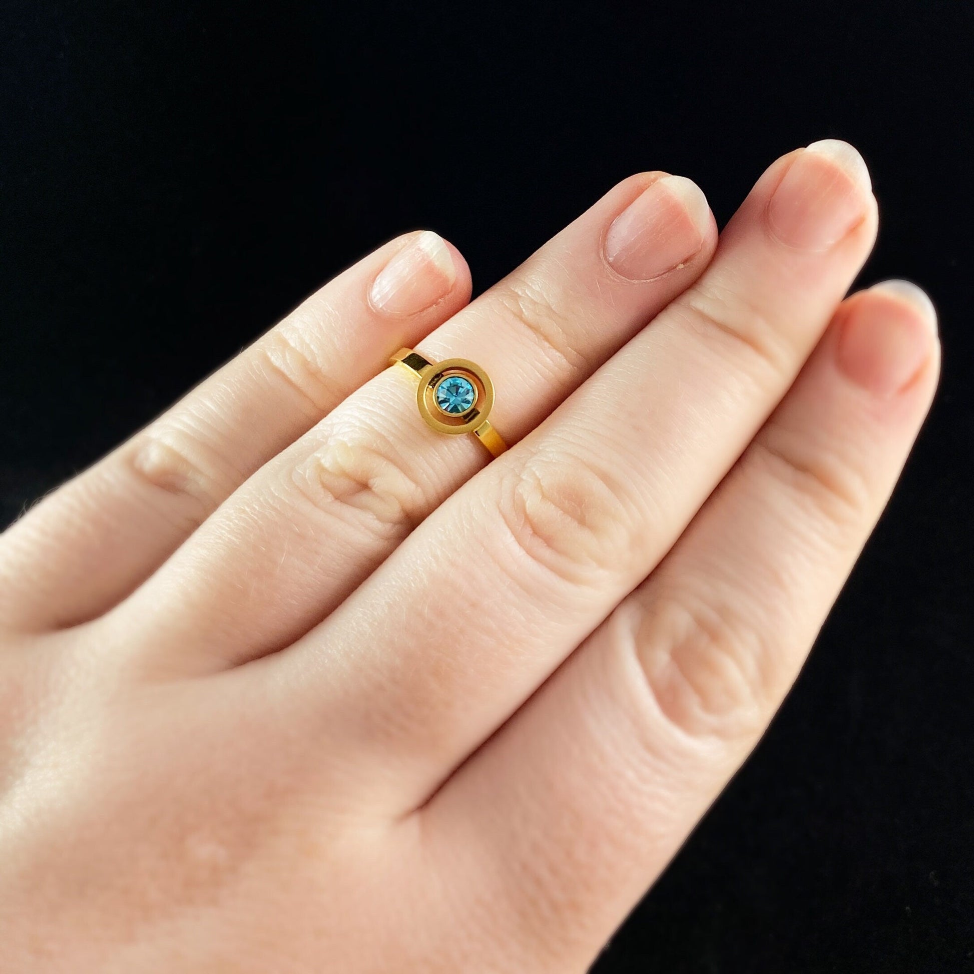14K Gold Plated Adjustable Ring with Blue Crystal - Gold Jewelry for Women