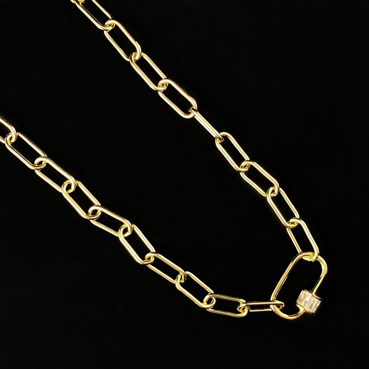 1920s Art Deco Gold Chain Necklace with CZ Crystal Focal Clasp - Locker Link
