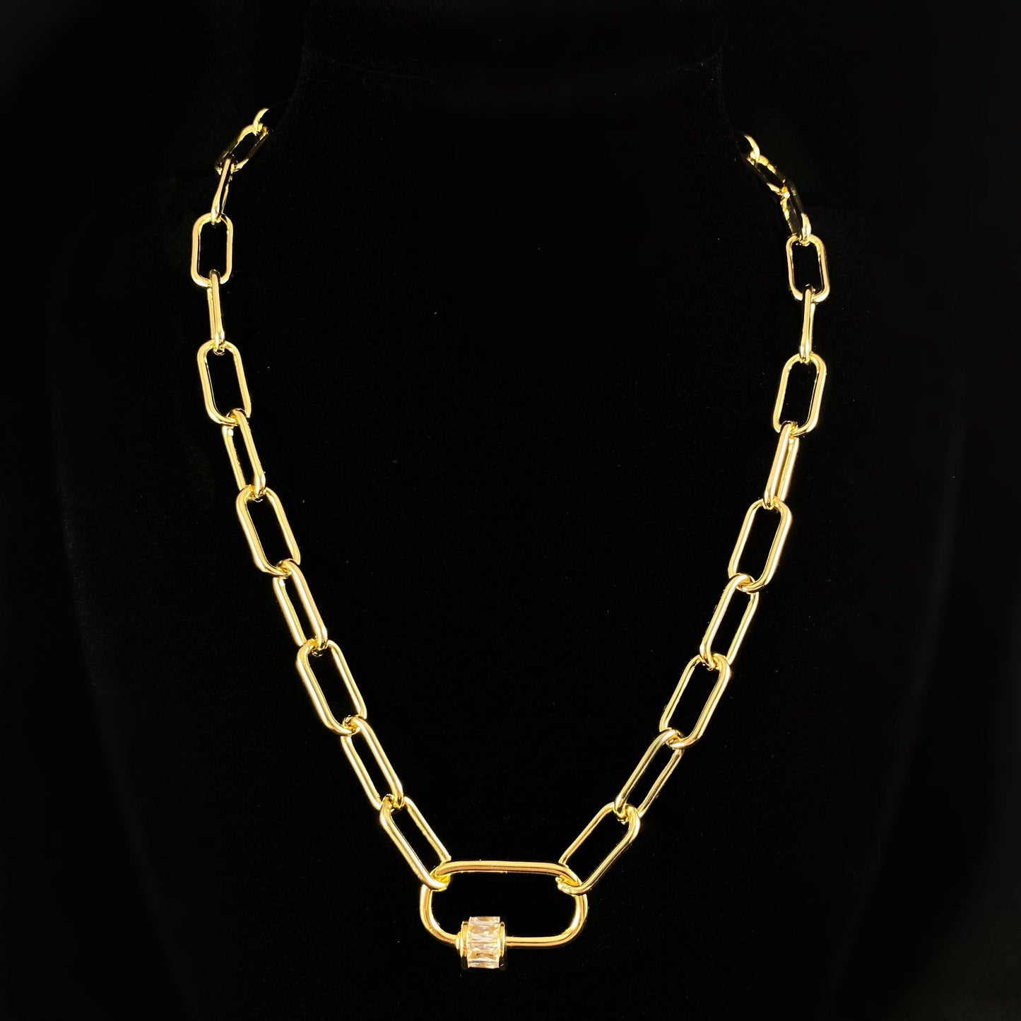 1920s Art Deco Gold Chain Necklace with CZ Crystal Focal Clasp - Locker Link