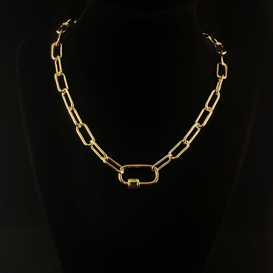 1920s Art Deco Gold Chain Necklace with Multi Color Focal Clasp - Locker Link