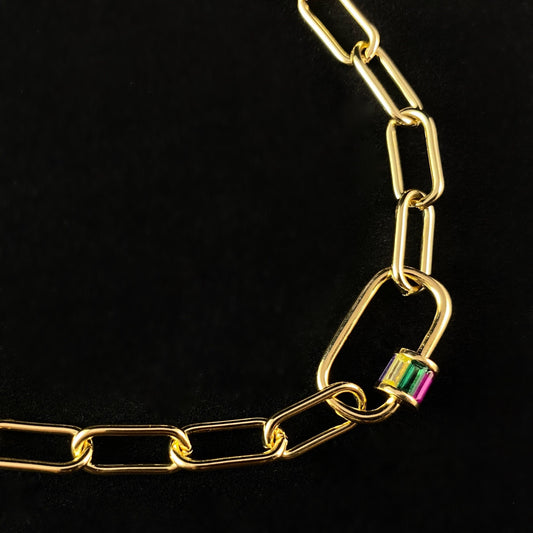 1920s Art Deco Gold Chain Necklace with Multi Color Focal Clasp - Locker Link