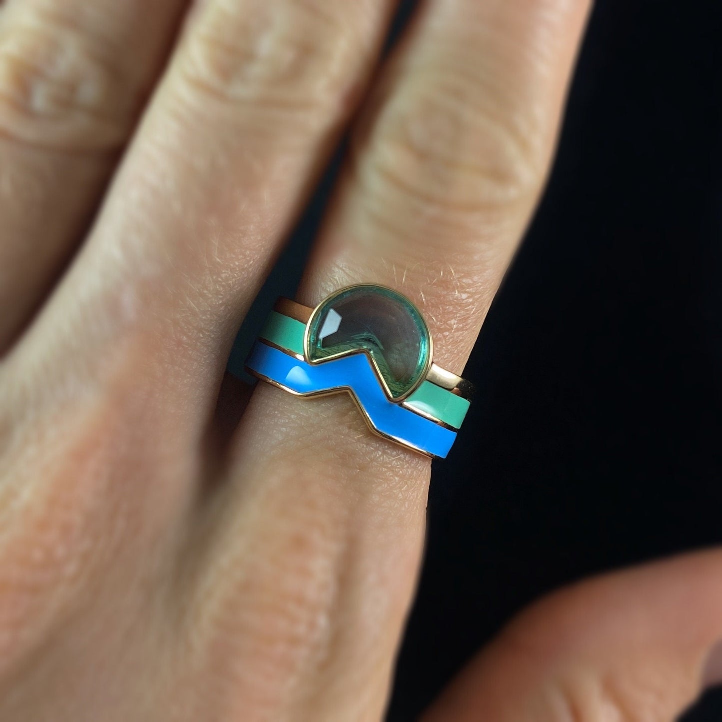 1920s Art Deco Style Gold Ring with Blue/Green Enamel Band Accents and Quartz Stone, Size 7 - Tequila Sunrise Sky